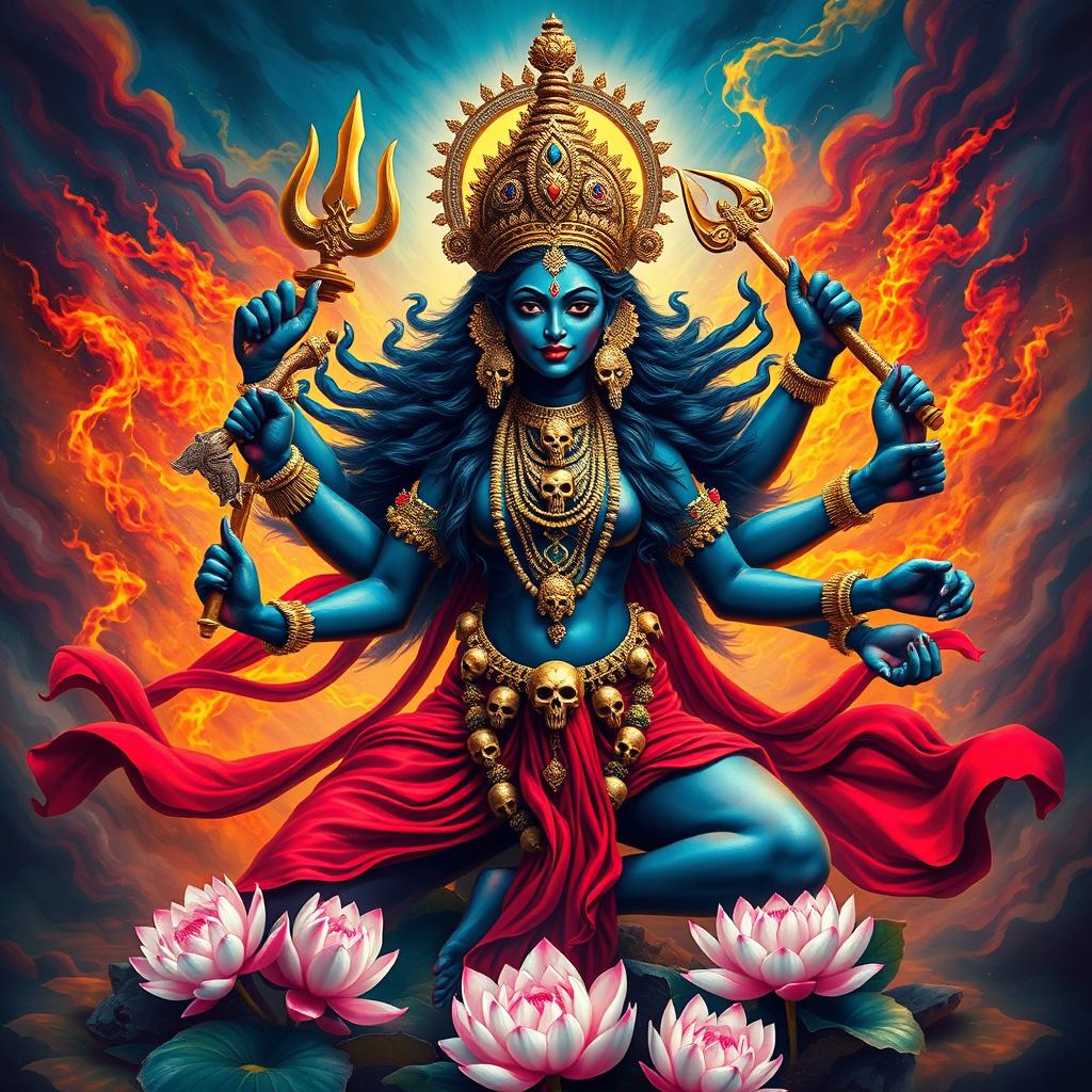 A stunning and powerful depiction of Goddess Kali, with a fierce expression and multiple arms, each holding various traditional weapons symbolizing protection and destruction