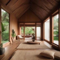 Blend the traditional Javanese Joglo house with Scandinavian aesthetics. Maintain the wooden architecture but infuse Scandinavian simplicity through clean lines, light color palette, and minimalistic furniture. Include large windows for ample natural light and an indoor-outdoor living concept.