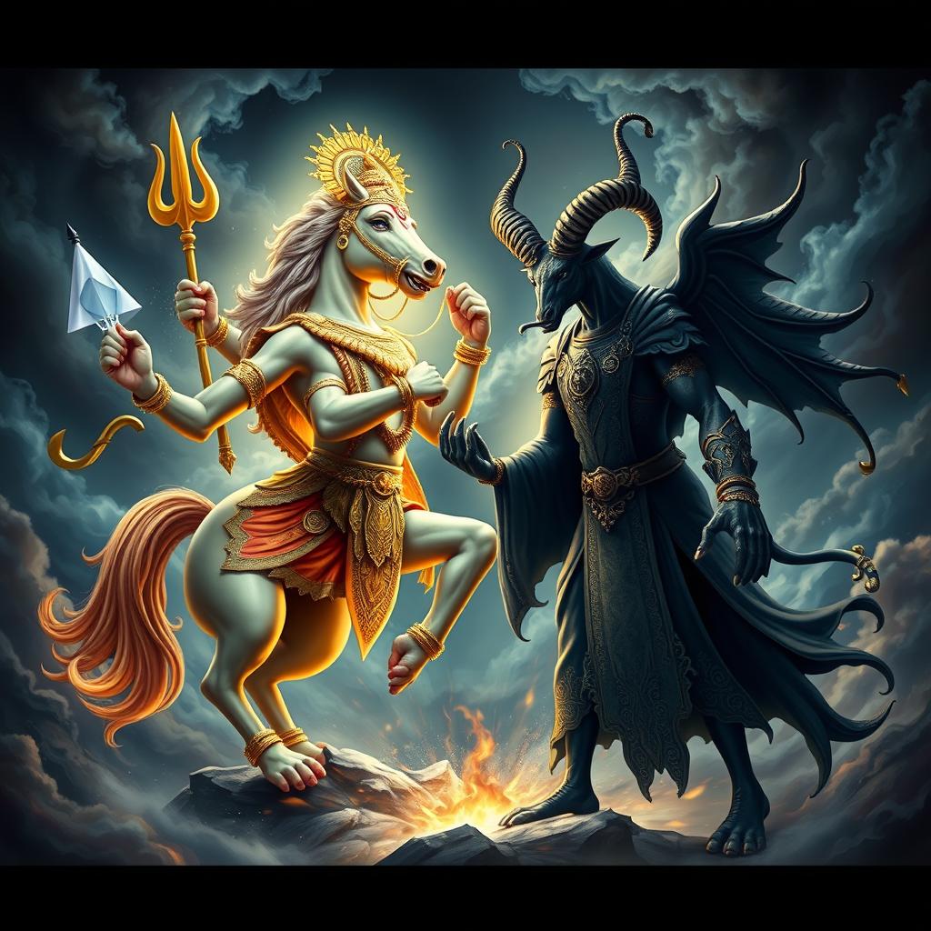 A striking confrontation between Hayagriva, the horse-headed avatar of Vishnu, depicted with a majestic and powerful physique, showcasing his four arms holding traditional symbols like a conch, discus, mace, and lotus