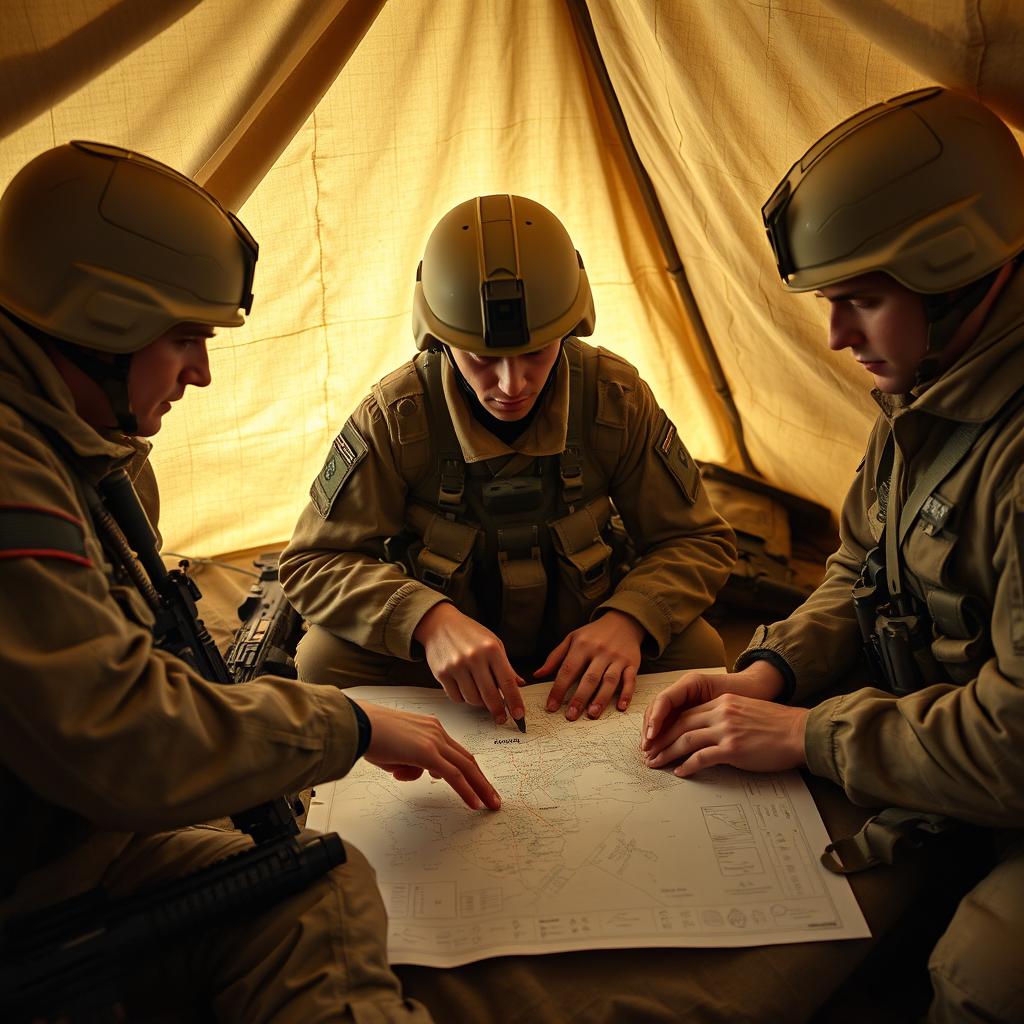 Three focused white soldiers strategizing on a battlefield map in a military tent