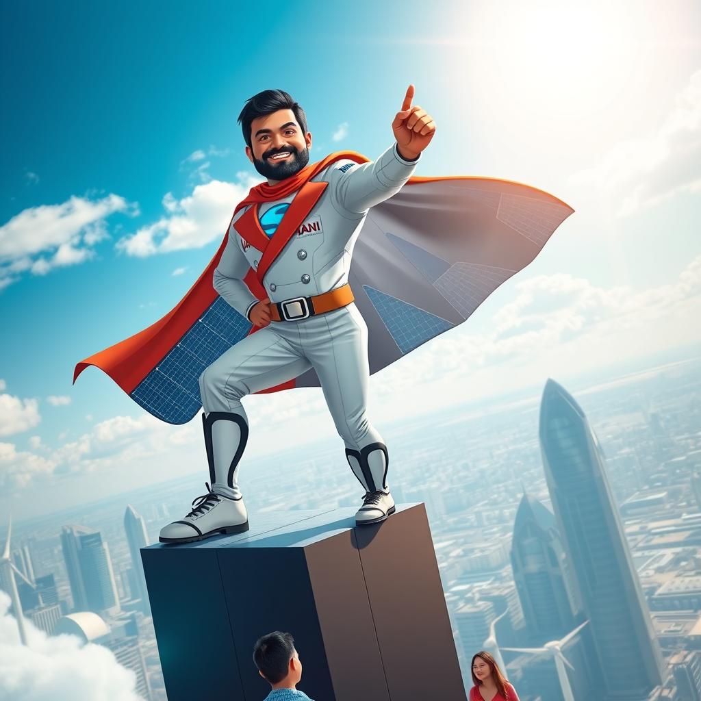 A superhero character inspired by Gautam Adani, standing confidently atop a skyscraper, his cape flowing in the wind, with a futuristic cityscape of India in the background