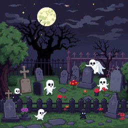 A detailed pixel art spritesheet depicting a cemetery scene