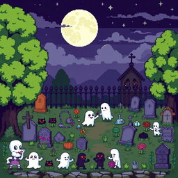A detailed pixel art spritesheet depicting a cemetery scene