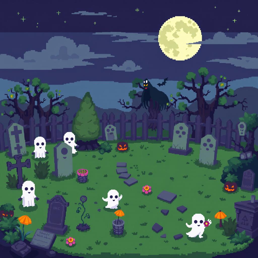 A detailed pixel art spritesheet depicting a cemetery scene