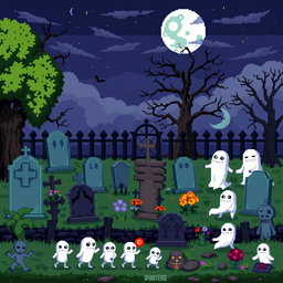A detailed pixel art spritesheet depicting a cemetery scene