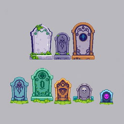 A pixel art spritesheet featuring various lapidas (tombstone) designs