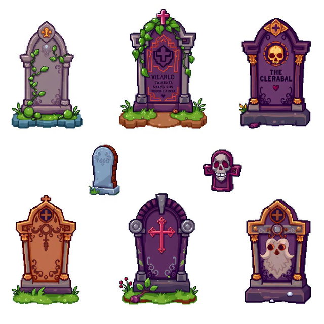A pixel art spritesheet featuring various lapidas (tombstone) designs