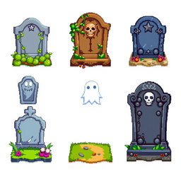 A pixel art spritesheet featuring various lapidas (tombstone) designs