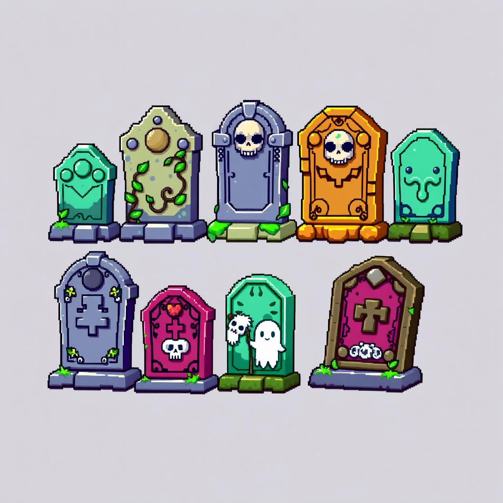 A pixel art spritesheet featuring various lapidas (tombstone) designs