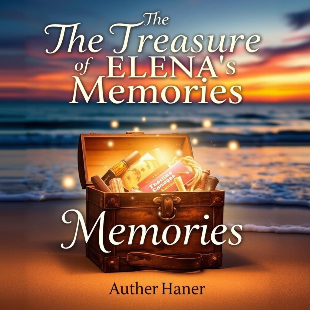 A captivating book cover for 'The Treasure of Elena’s Memories', featuring a beautiful, aged treasure chest overflowing with shimmering, mystical objects that represent cherished memories