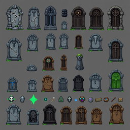 A detailed pixel art spritesheet of various Lapidas (tombstones) in a fantasy style, featuring multiple designs such as cracked and moss-covered stones, ornate carvings, and variations in size and shape