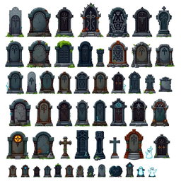 A detailed pixel art spritesheet of various Lapidas (tombstones) in a fantasy style, featuring multiple designs such as cracked and moss-covered stones, ornate carvings, and variations in size and shape
