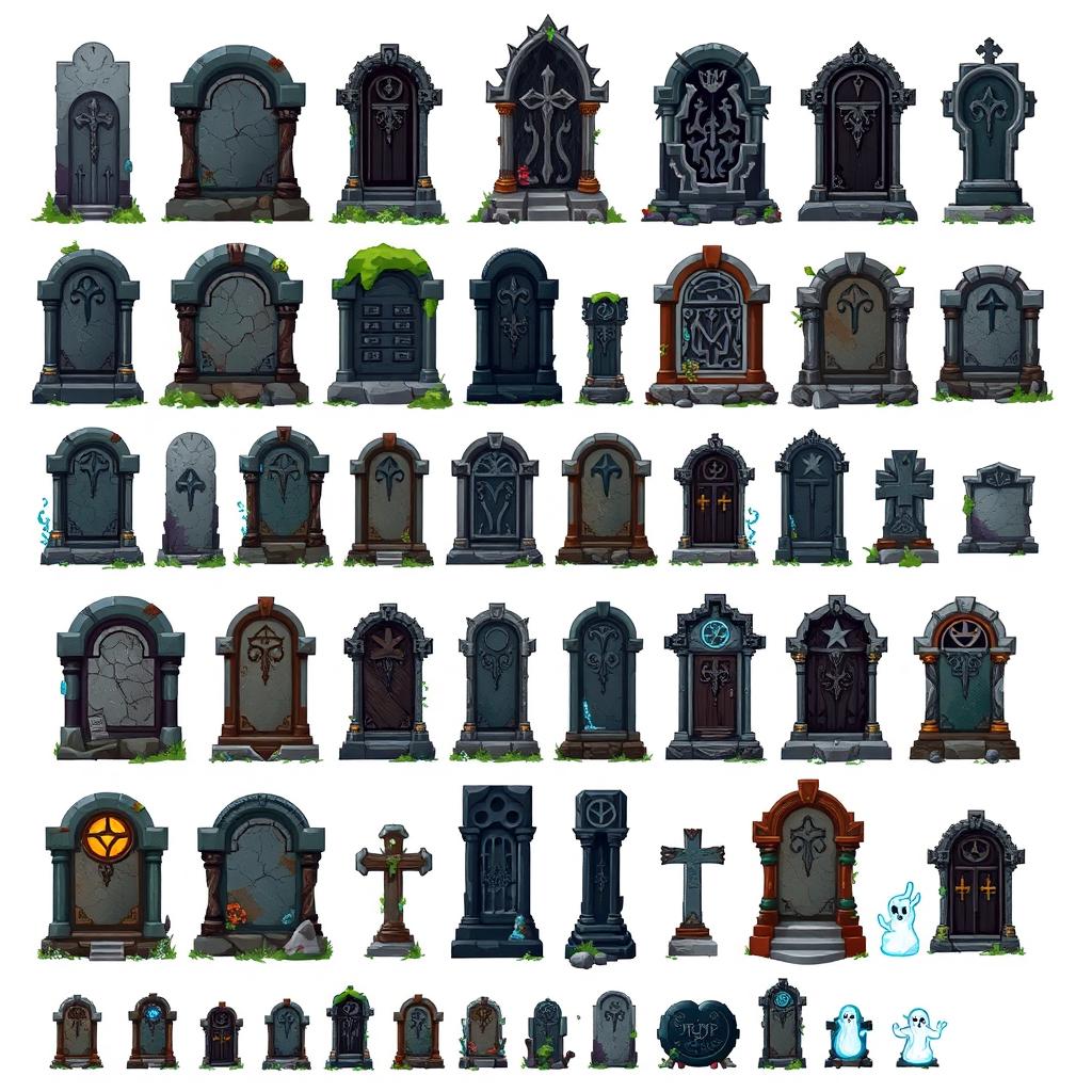 A detailed pixel art spritesheet of various Lapidas (tombstones) in a fantasy style, featuring multiple designs such as cracked and moss-covered stones, ornate carvings, and variations in size and shape