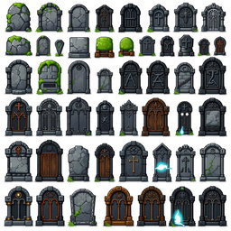 A detailed pixel art spritesheet of various Lapidas (tombstones) in a fantasy style, featuring multiple designs such as cracked and moss-covered stones, ornate carvings, and variations in size and shape