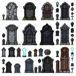 A detailed pixel art spritesheet of various Lapidas (tombstones) in a fantasy style, featuring multiple designs such as cracked and moss-covered stones, ornate carvings, and variations in size and shape