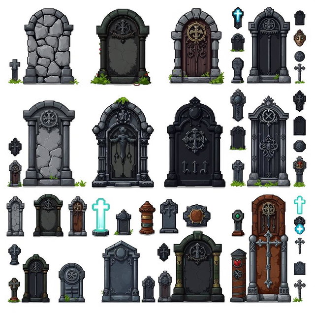 A detailed pixel art spritesheet of various Lapidas (tombstones) in a fantasy style, featuring multiple designs such as cracked and moss-covered stones, ornate carvings, and variations in size and shape