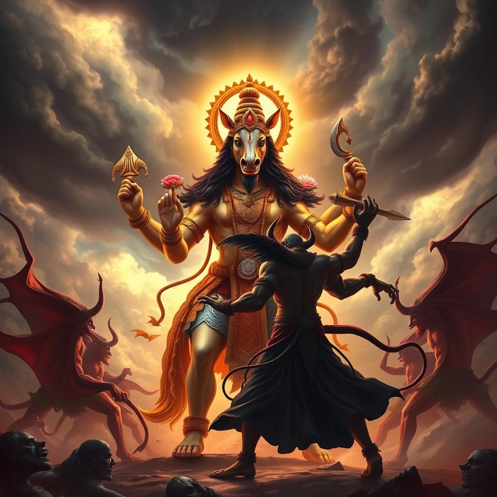 An epic confrontation between Hayagriva, the horse-headed avatar of Vishnu, depicted with a powerful and divine presence, showcasing his four arms adorned with traditional symbols like a conch, discus, mace, and lotus