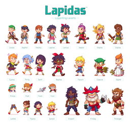A vibrant and detailed pixel art spritesheet featuring various character designs, expressions, and actions for a game called 'Lapidas'
