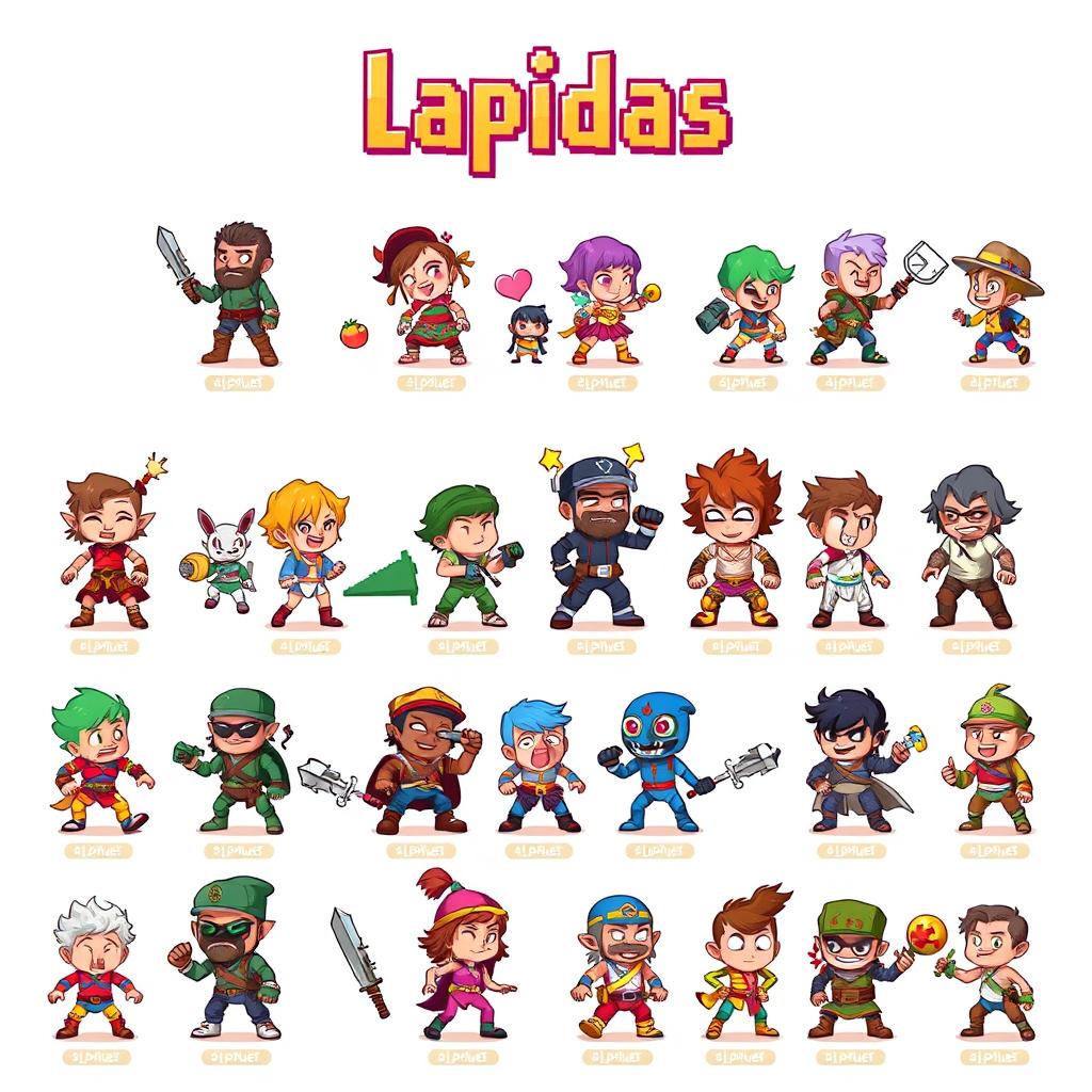 A vibrant and detailed pixel art spritesheet featuring various character designs, expressions, and actions for a game called 'Lapidas'
