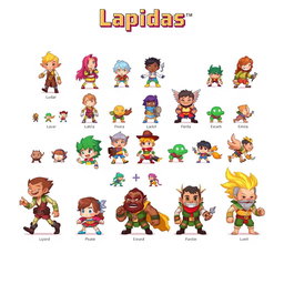A vibrant and detailed pixel art spritesheet featuring various character designs, expressions, and actions for a game called 'Lapidas'