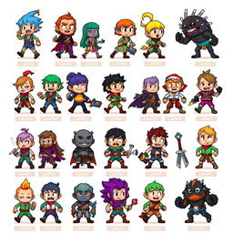 A vibrant and detailed pixel art spritesheet featuring various character designs, expressions, and actions for a game called 'Lapidas'