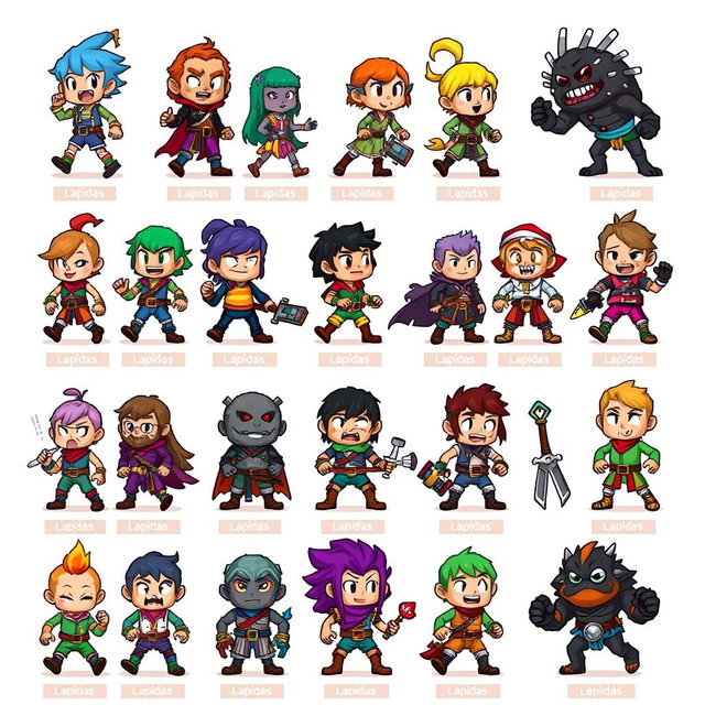A vibrant and detailed pixel art spritesheet featuring various character designs, expressions, and actions for a game called 'Lapidas'