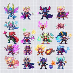 A vibrant and detailed pixel art spritesheet featuring a variety of lapidas characters