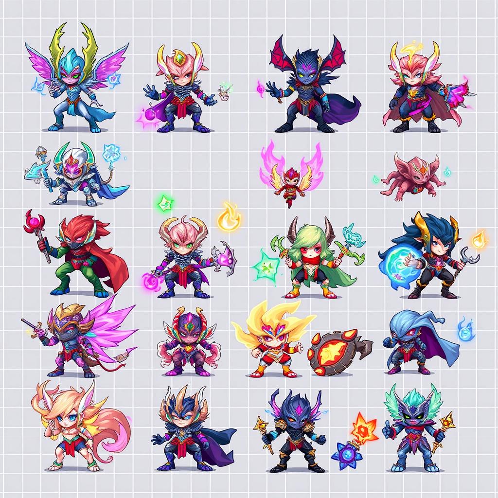 A vibrant and detailed pixel art spritesheet featuring a variety of lapidas characters