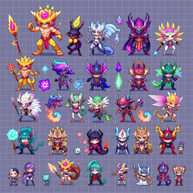 A vibrant and detailed pixel art spritesheet featuring a variety of lapidas characters