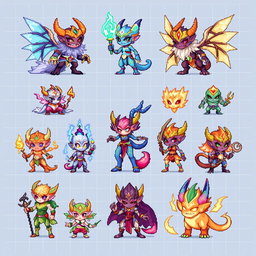 A vibrant and detailed pixel art spritesheet featuring a variety of lapidas characters