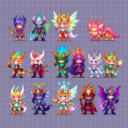 A vibrant and detailed pixel art spritesheet featuring a variety of lapidas characters