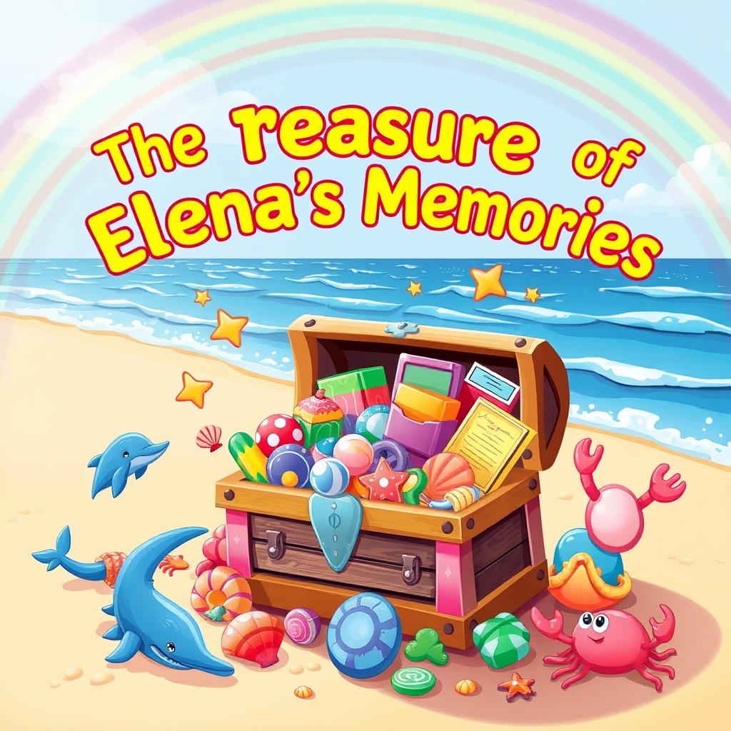 A vibrant and playful illustration for 'The Treasure of Elena’s Memories', designed for children