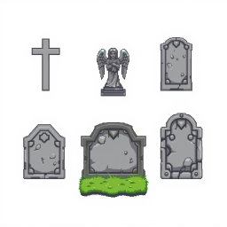 A collection of pixel art gravestones designed for a spritesheet, featuring various styles of tombstones including a simple cross, an ornate angel statue, and a weathered stone slab