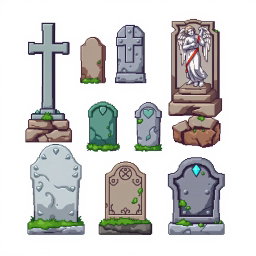 A collection of pixel art gravestones designed for a spritesheet, featuring various styles of tombstones including a simple cross, an ornate angel statue, and a weathered stone slab