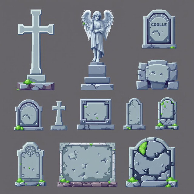 A collection of pixel art gravestones designed for a spritesheet, featuring various styles of tombstones including a simple cross, an ornate angel statue, and a weathered stone slab
