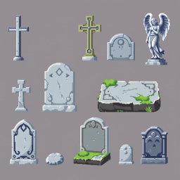 A collection of pixel art gravestones designed for a spritesheet, featuring various styles of tombstones including a simple cross, an ornate angel statue, and a weathered stone slab