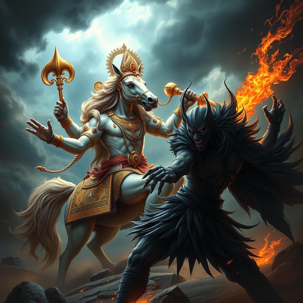 An intense and captivating scene of battle between Hayagriva, the horse-headed avatar of Vishnu, exhibiting a powerful and divine presence with his four arms holding a conch, discus, mace, and lotus
