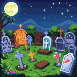 A creatively designed pixel art spritesheet featuring various tombstones and grave markers (lapidas cementerio) in a charming cemetery setting