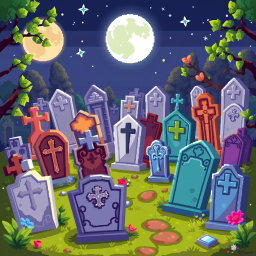 A creatively designed pixel art spritesheet featuring various tombstones and grave markers (lapidas cementerio) in a charming cemetery setting