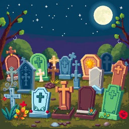 A creatively designed pixel art spritesheet featuring various tombstones and grave markers (lapidas cementerio) in a charming cemetery setting