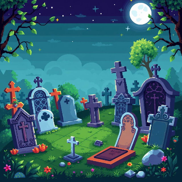 A creatively designed pixel art spritesheet featuring various tombstones and grave markers (lapidas cementerio) in a charming cemetery setting