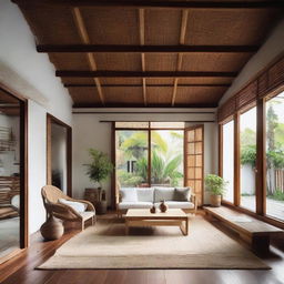 Blend the traditional Javanese Joglo house with Scandinavian aesthetics. Maintain the wooden architecture but infuse Scandinavian simplicity through clean lines, light color palette, and minimalistic furniture. Include large windows for ample natural light and an indoor-outdoor living concept.