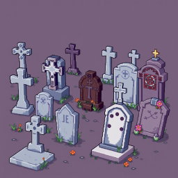 A detailed pixel art spritesheet featuring various tombstones (lapidas) in a cemetery setting