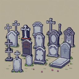 A detailed pixel art spritesheet featuring various tombstones (lapidas) in a cemetery setting