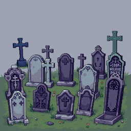 A detailed pixel art spritesheet featuring various tombstones (lapidas) in a cemetery setting