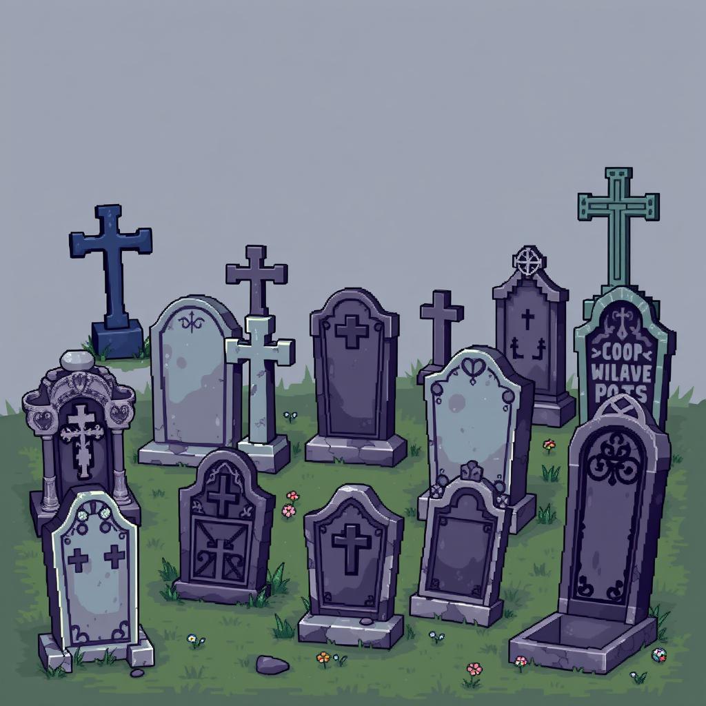 A detailed pixel art spritesheet featuring various tombstones (lapidas) in a cemetery setting