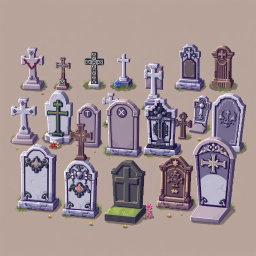 A detailed pixel art spritesheet featuring various tombstones (lapidas) in a cemetery setting