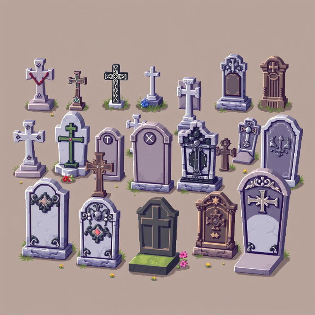 A detailed pixel art spritesheet featuring various tombstones (lapidas) in a cemetery setting