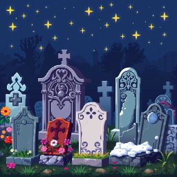 A detailed pixel art spritesheet showcasing various types of gravestones in a cemetery setting