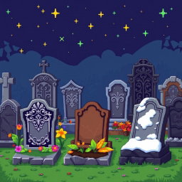 A detailed pixel art spritesheet showcasing various types of gravestones in a cemetery setting